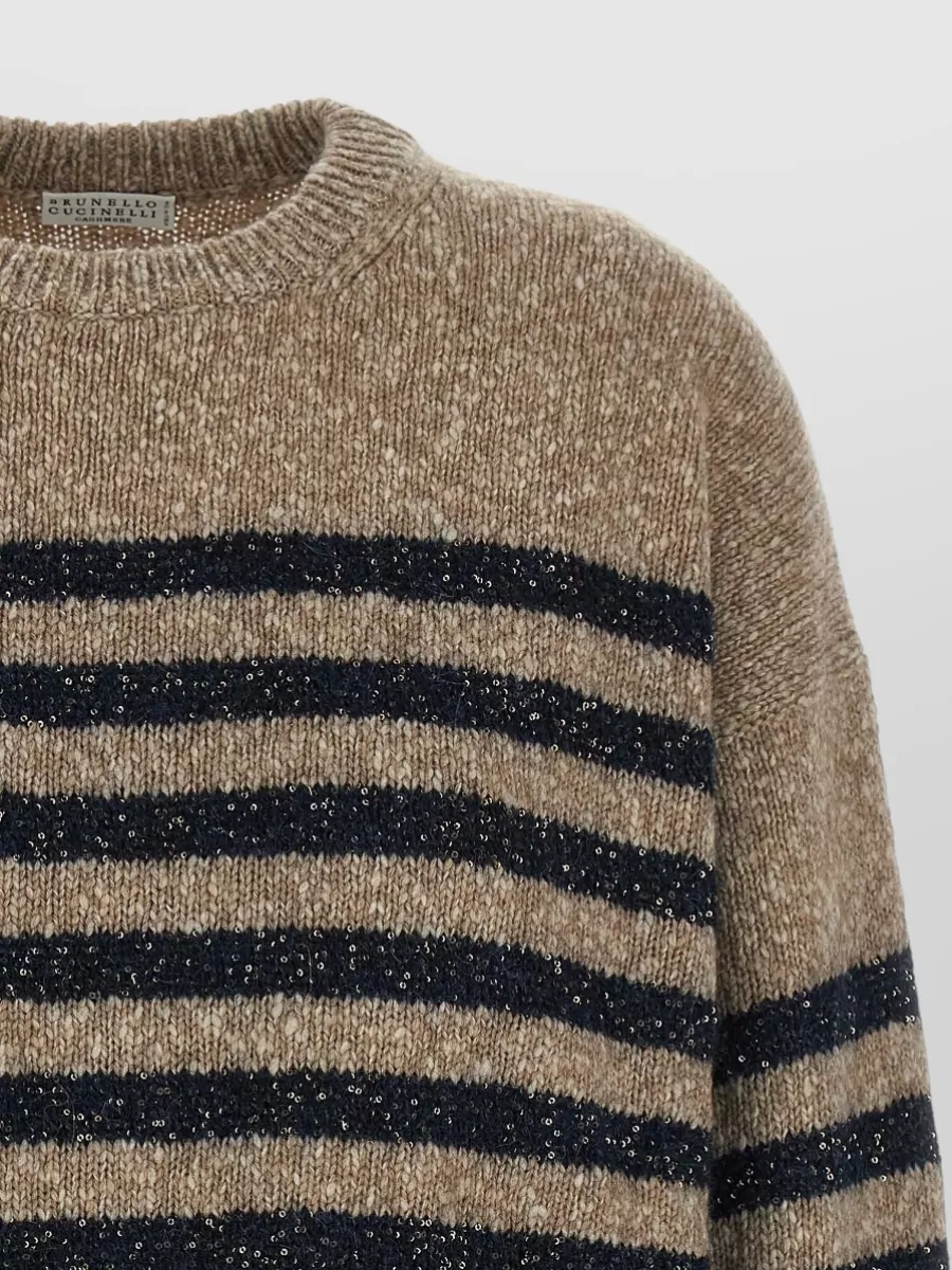Brunello Cucinelli Cashmere Wool Striped Crew Neck Long Sleeve Sweater
