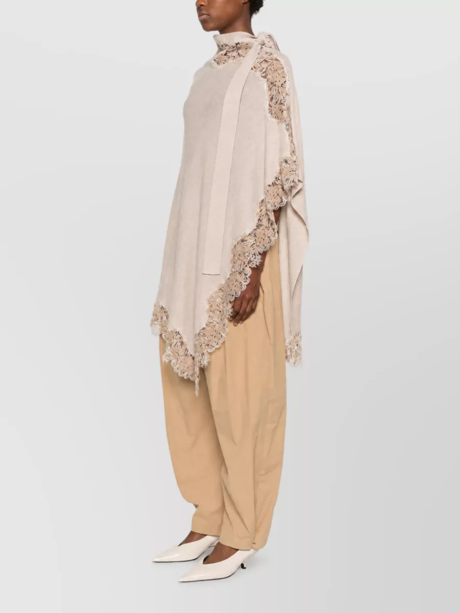 Ermanno Scervino Cashmere Lace Trim High Neck Asymmetric Hem Draped Cape