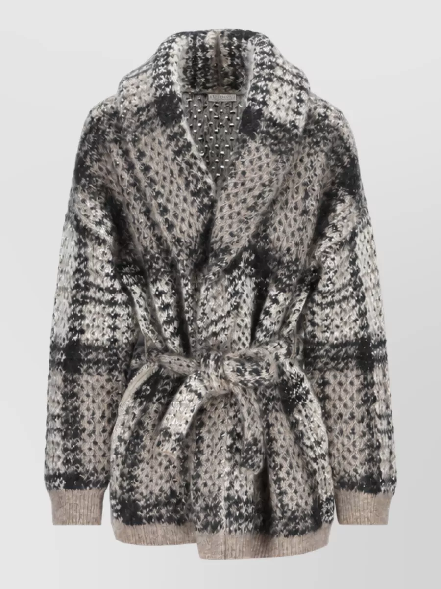 Brunello Cucinelli checked wool cashmere silk belted shawl collar coat