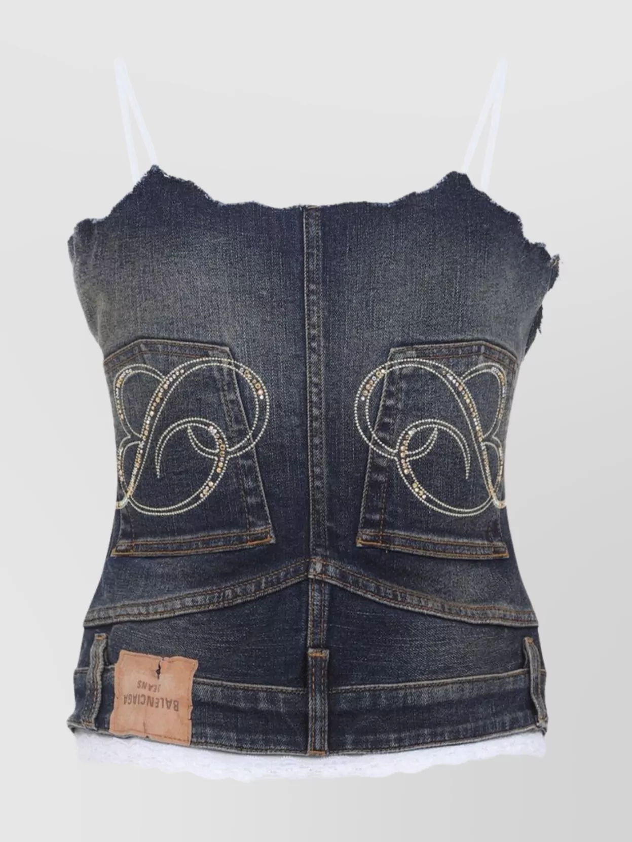 Balenciaga Denim Top With Lace Trim And Rhinestone Embellishments In Black