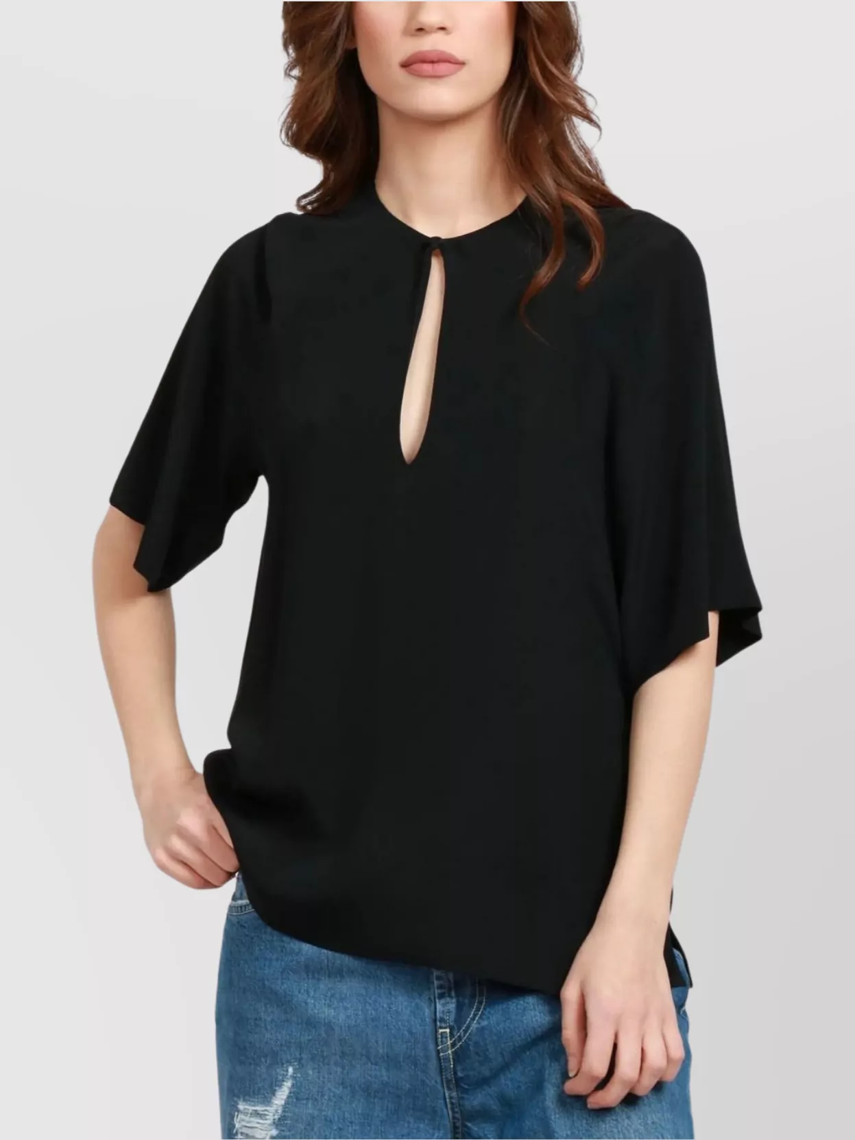 Semicouture Keyhole Short Sleeve Relaxed Fit Top In Black