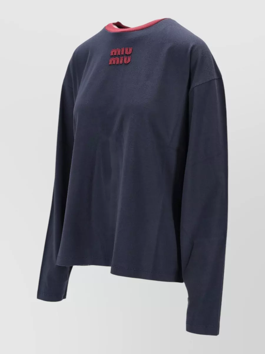 Miu Miu Long Sleeve Jersey Top Crew Neck Trim
