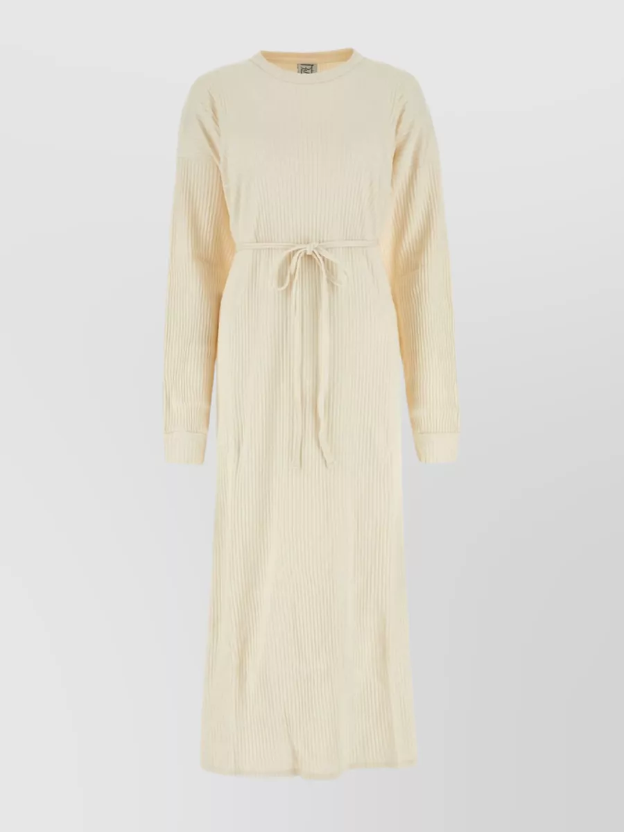 Shop Baserange Shaw Cotton Dress With Long Sleeves And Tie Waist In Cream
