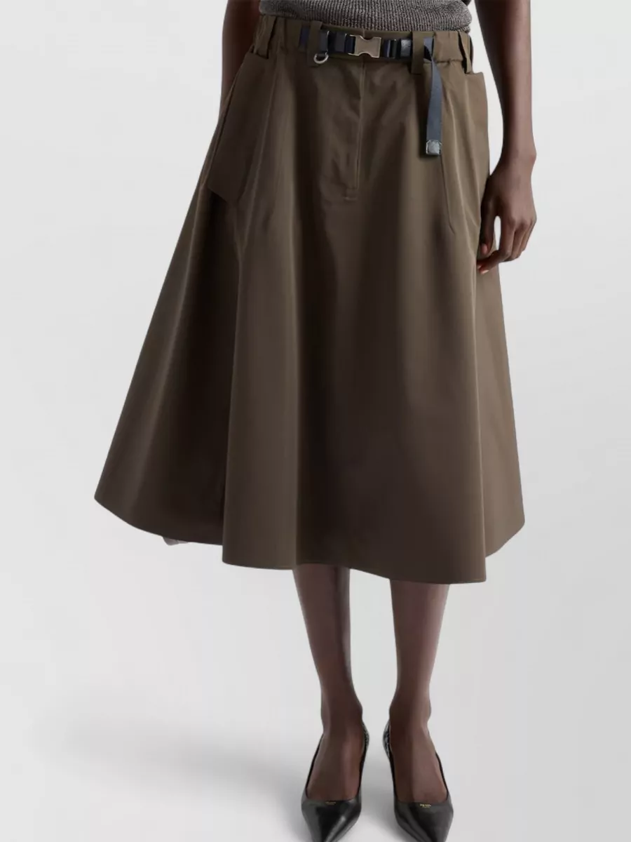 Prada Midi A-line Skirt With Belt And Pockets In Green