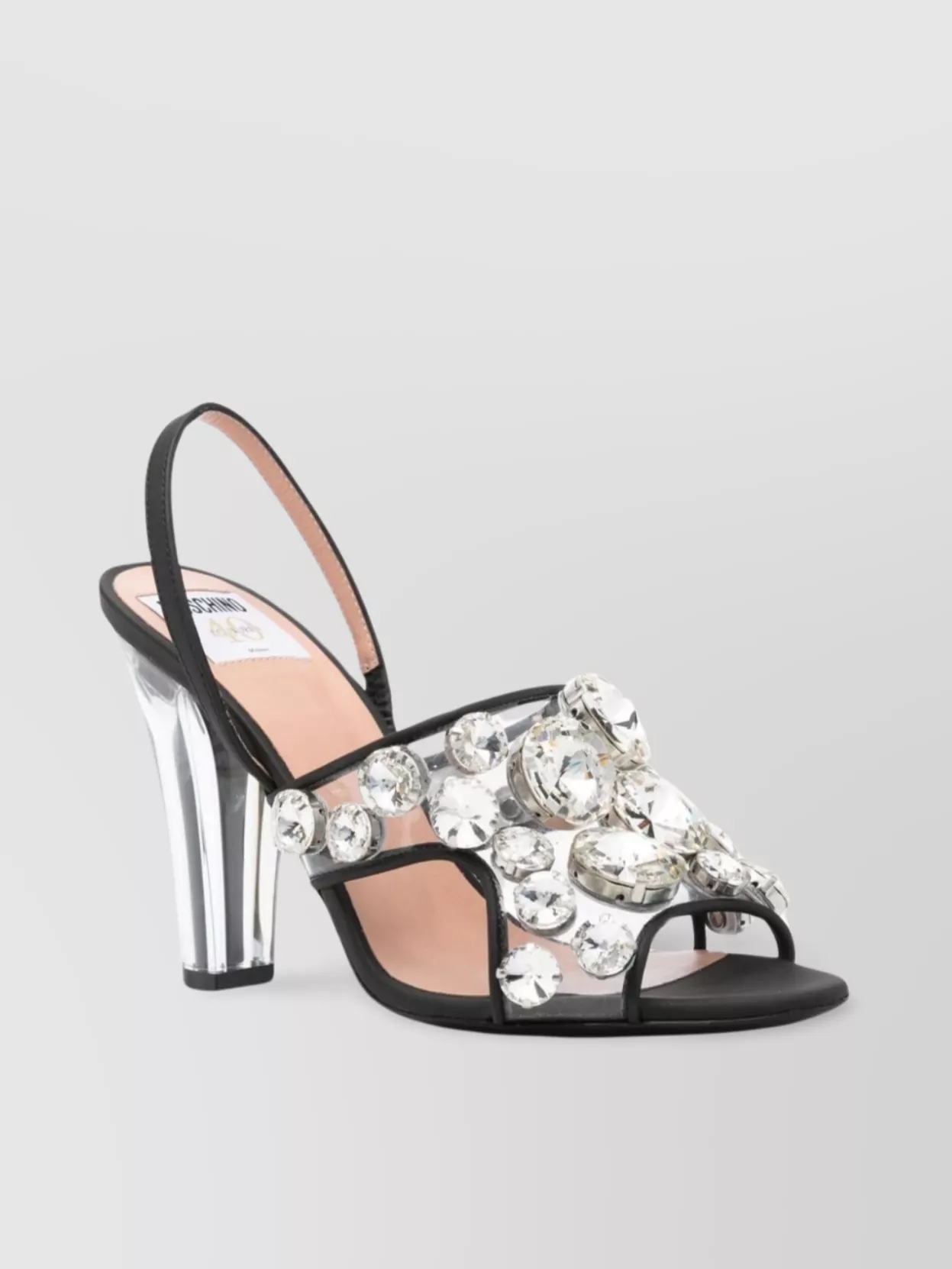 Shop Moschino Crystal Embellished Transparent Block Heel Sandals