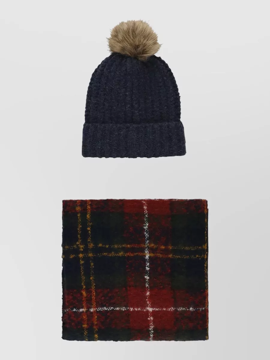 Barbour Womens Plaid Knit Beanie And Scarf Set