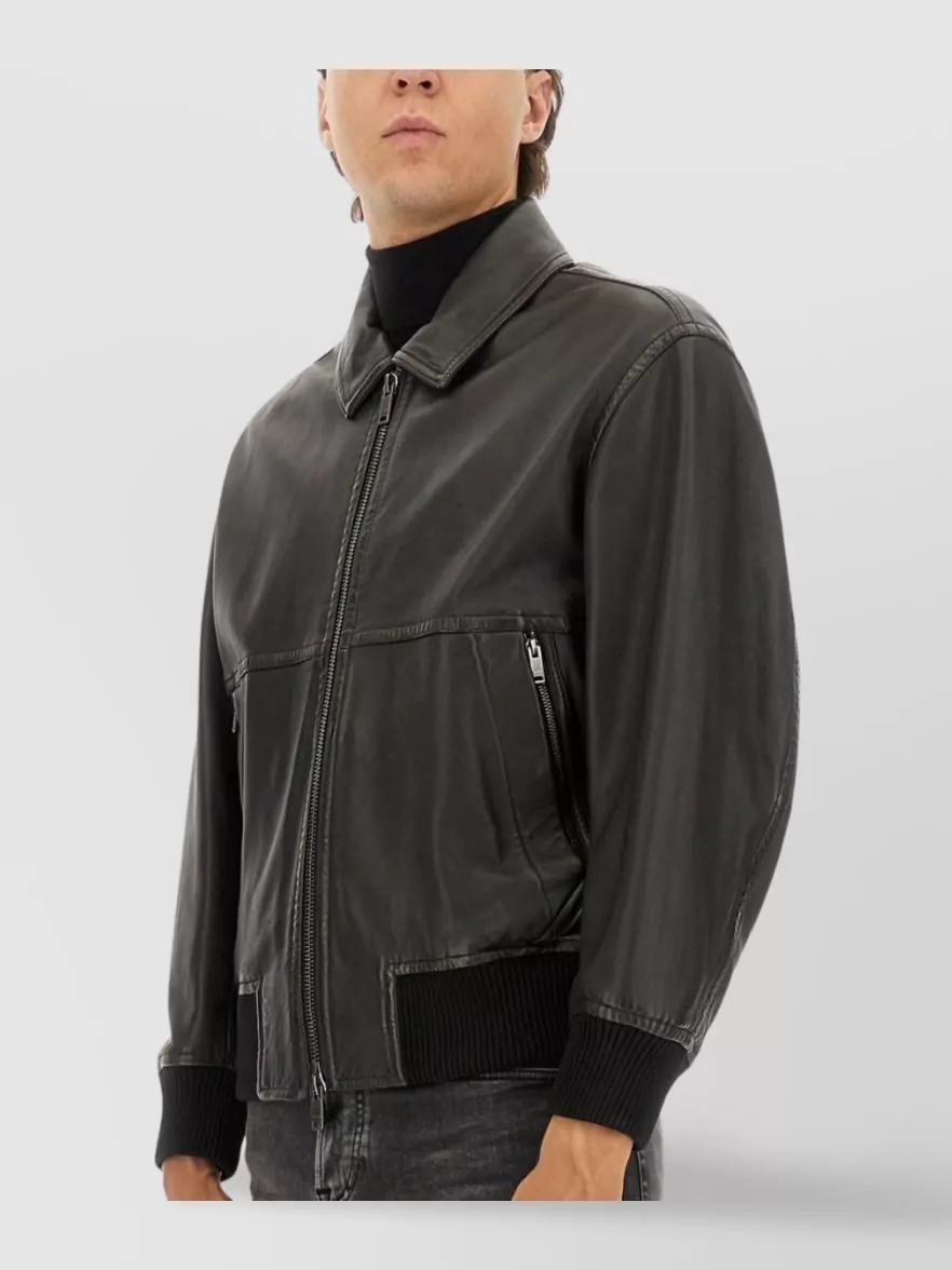 Boss Leather Jacket With Collared Design And Pockets