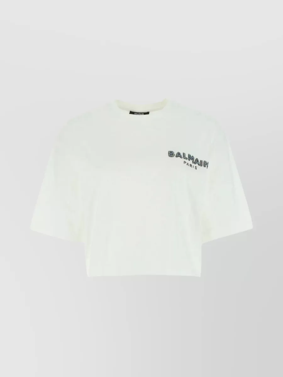 Shop Balmain Cotton Sequin Crew-neck T-shirt In White