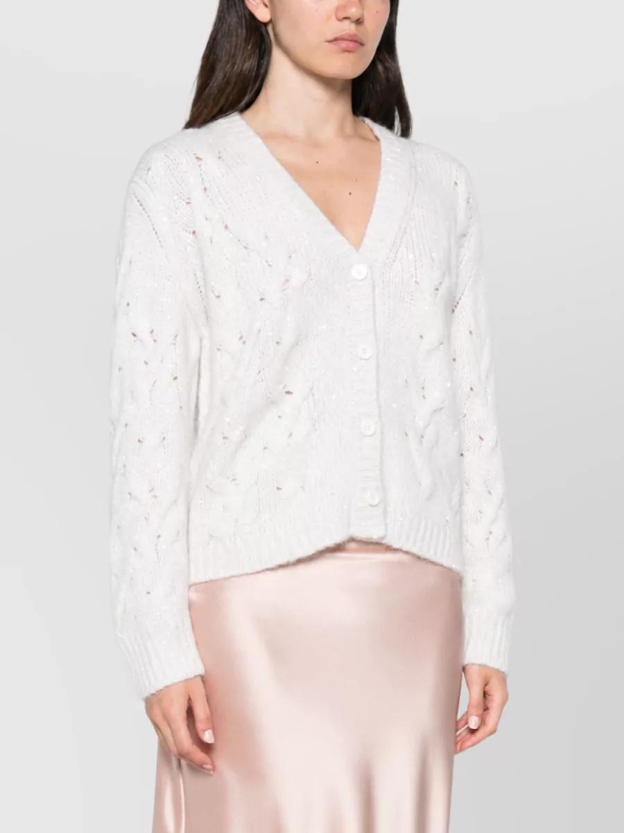 Fabiana Filippi Cable-Knit Sequin-Embellished V-Neck Cardigan