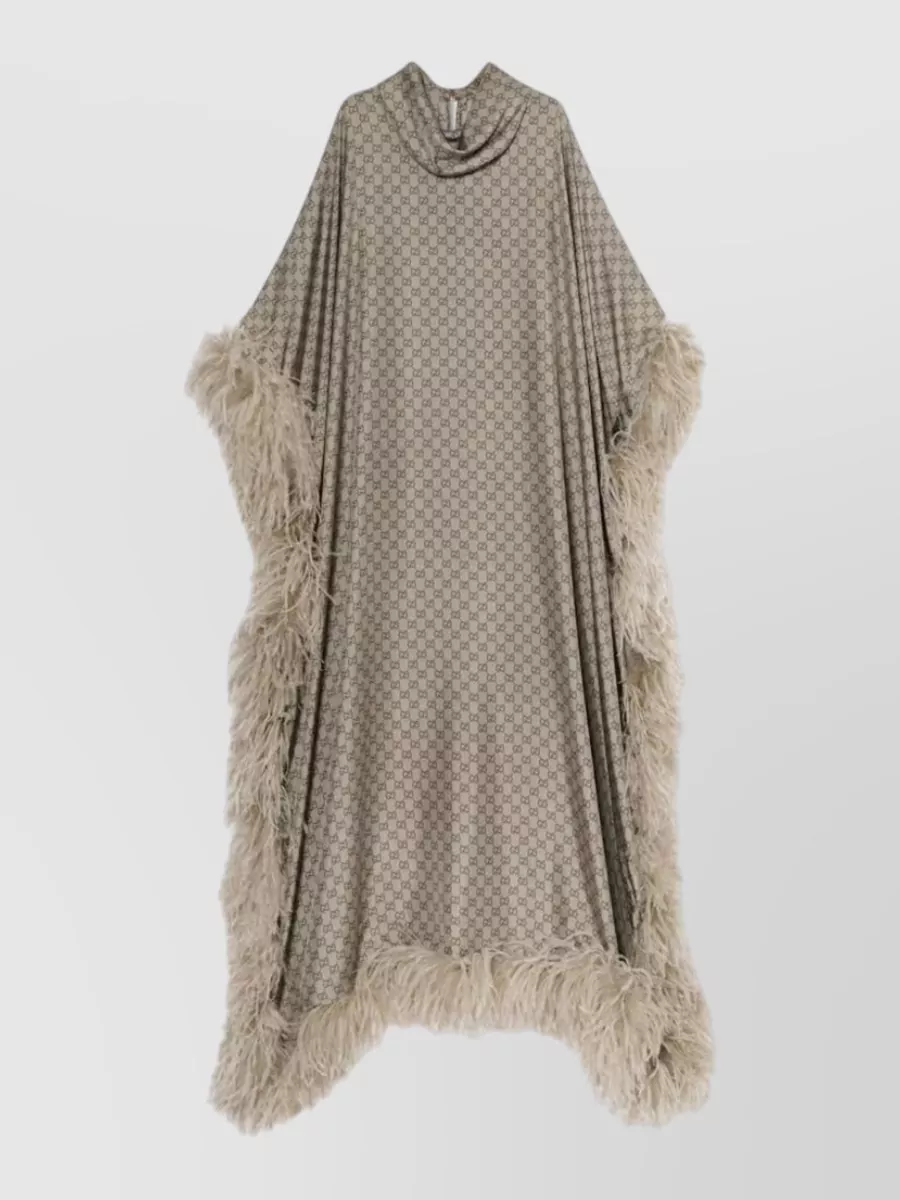 Gucci silk printed feather trim long kaftan dress