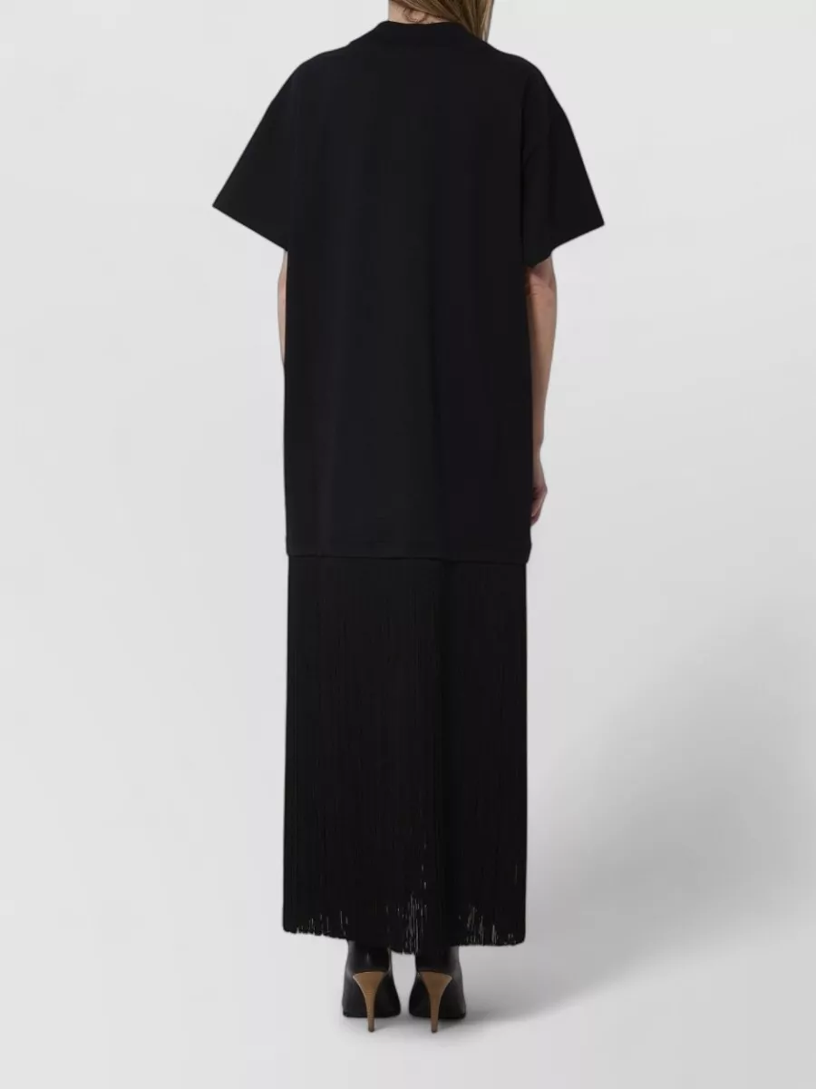 Alaïa Cotton Ribbed Crew-Neck Short-Sleeve Fringed Midi Dress