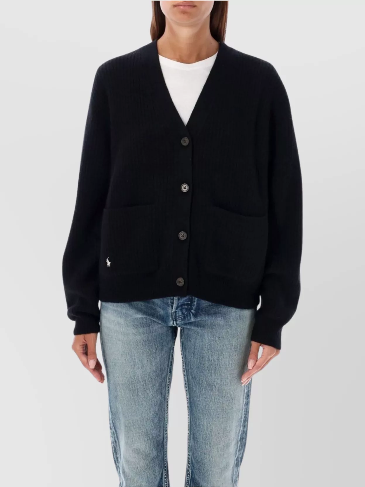 Polo Ralph Lauren Ribbed Texture V Neck Cardigan With Front Pockets In Black