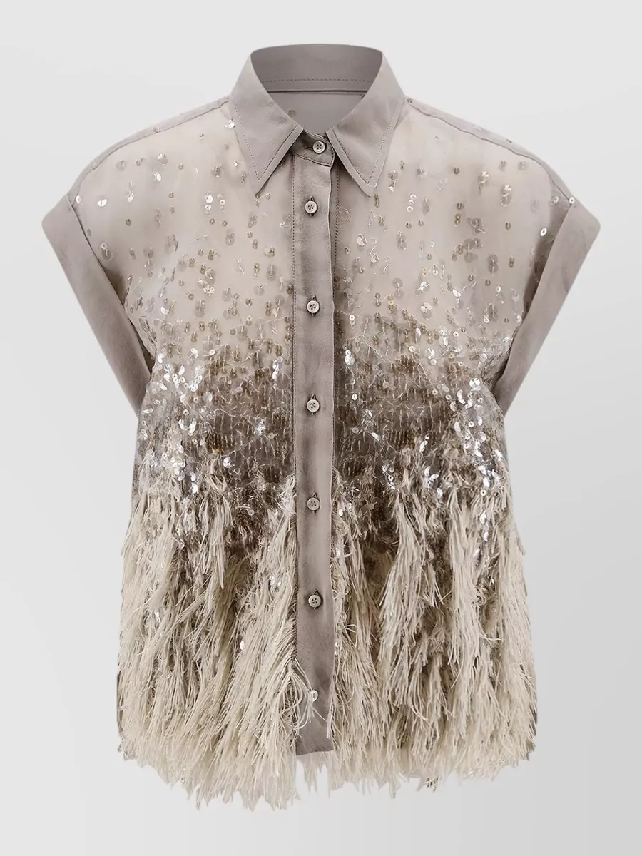 Brunello Cucinelli Silk sequin fringe short-sleeve shirt
