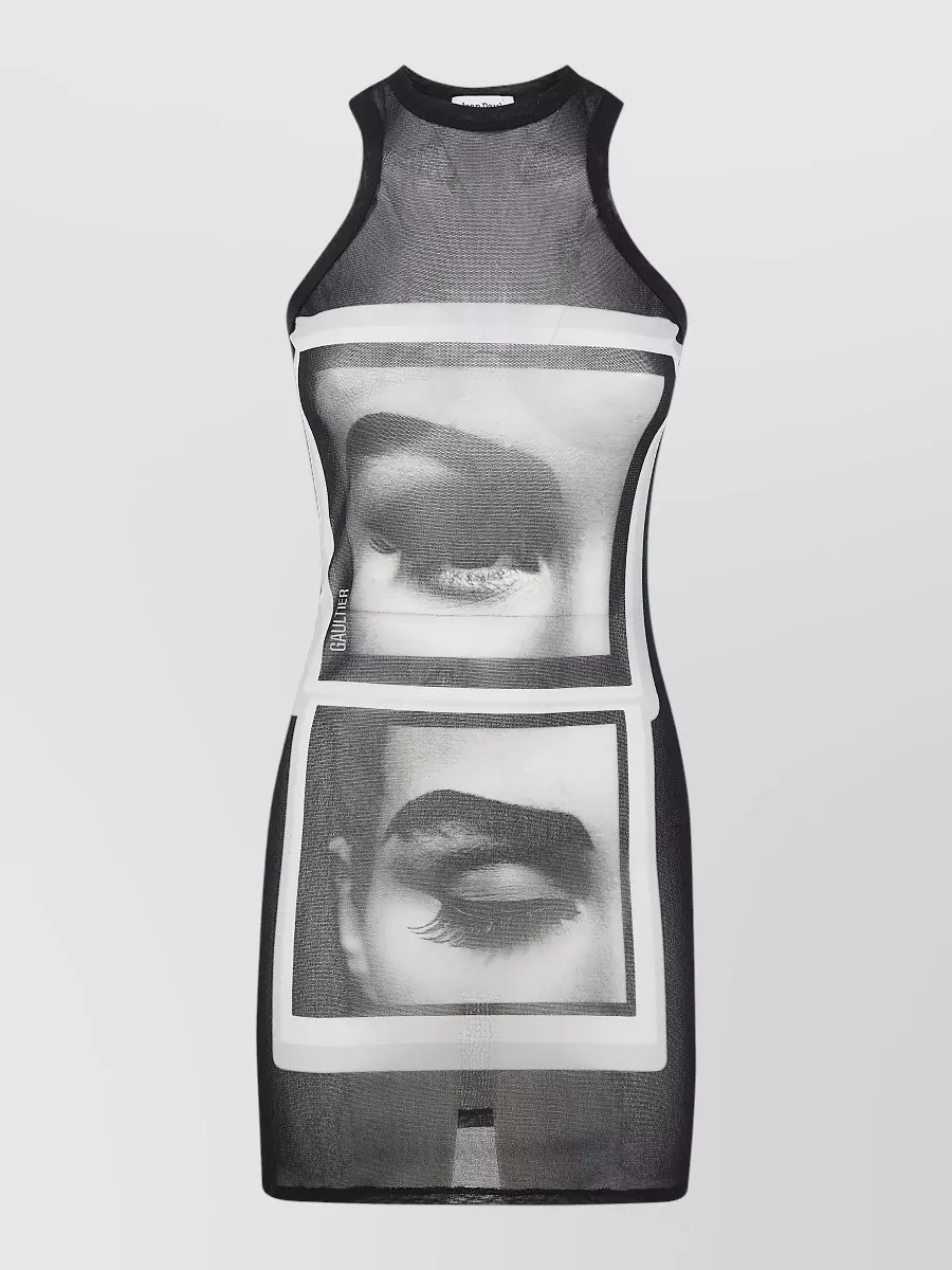 Jean Paul Gaultier Mesh Tank Dress Eyes Lips Print In Black