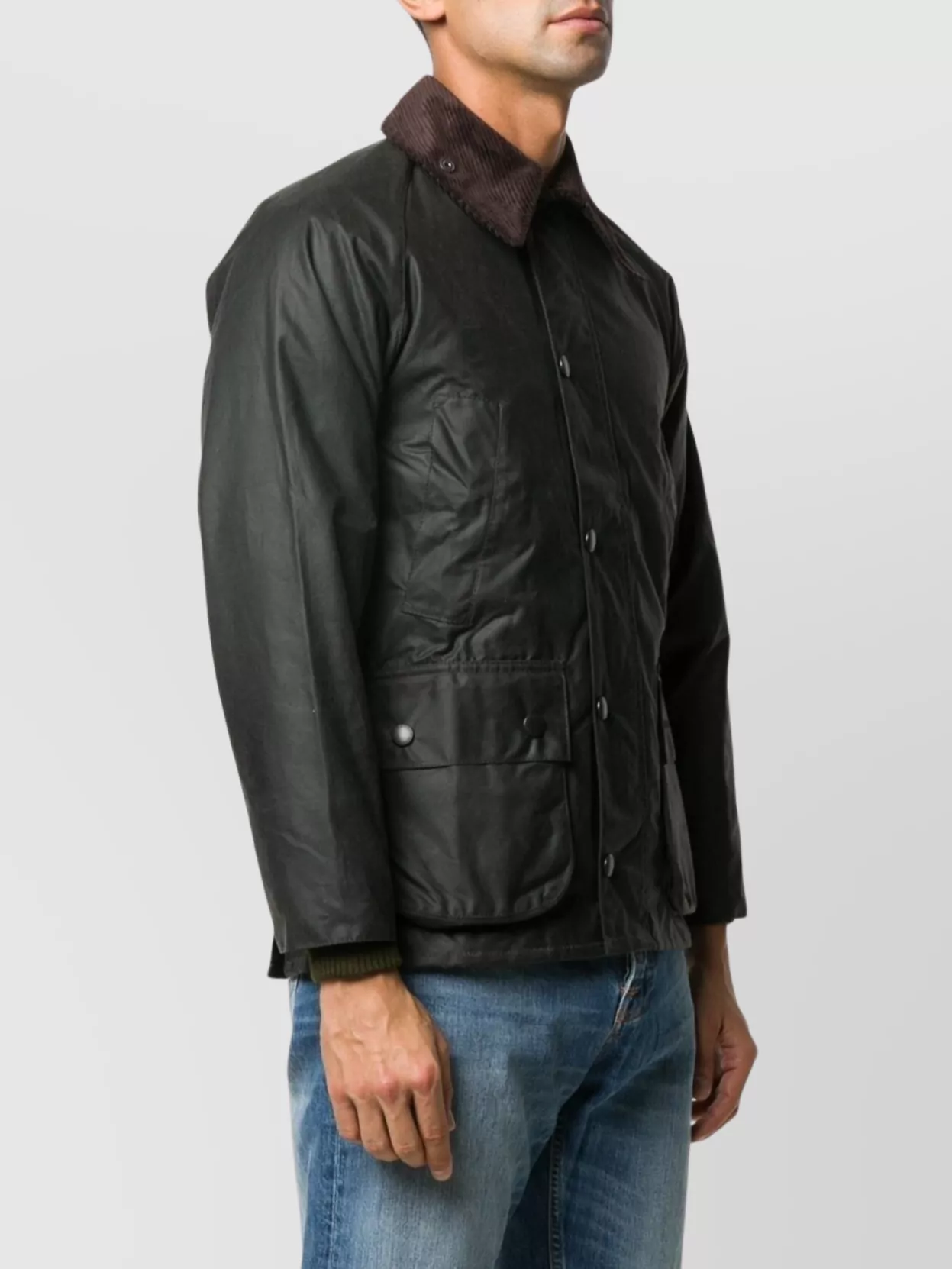 Barbour Waxed Jacket With Corduroy Collar And Pockets In Black