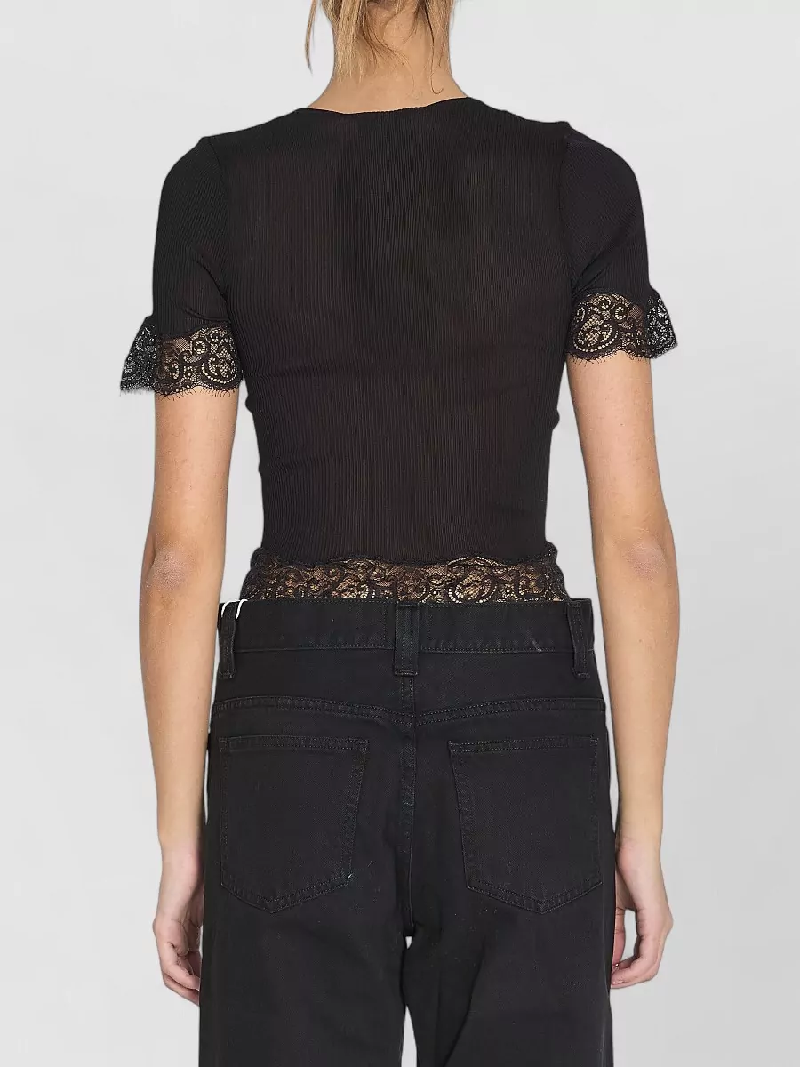 Saint Laurent Silk Ribbed Lace-Trim Henley T-Shirt