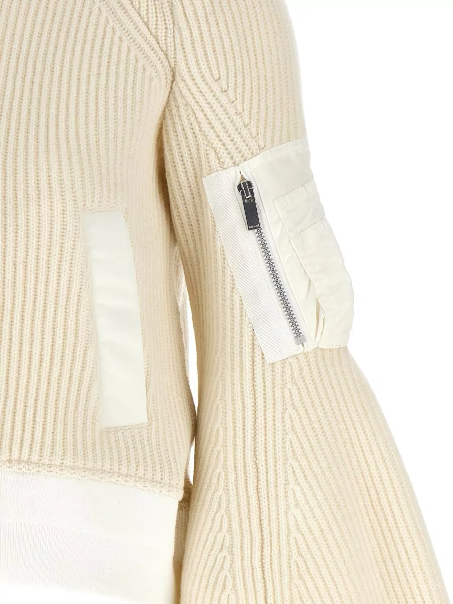 Sacai Wool Ribbed Cropped Funnel-Neck Bell-Sleeve Jumper