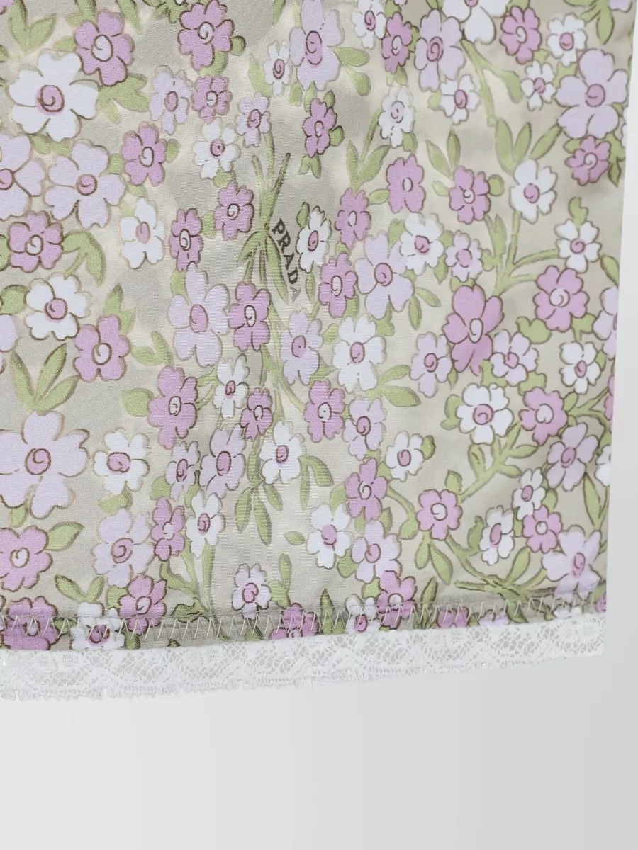 Prada Skirt Elastic Waistband Floral Pattern Lace Trim