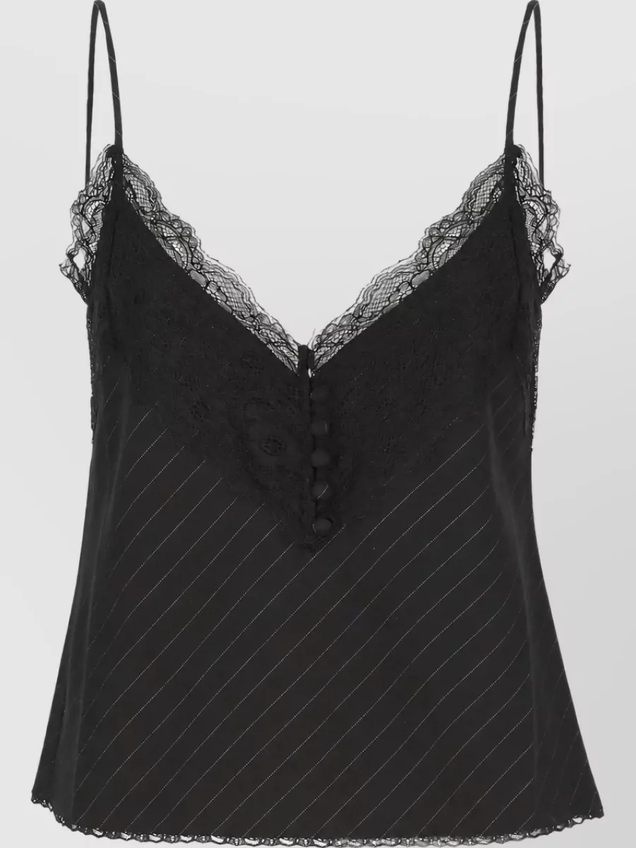 The Andamane Pinstriped Lace-Trim V-Neck Sleeveless Top