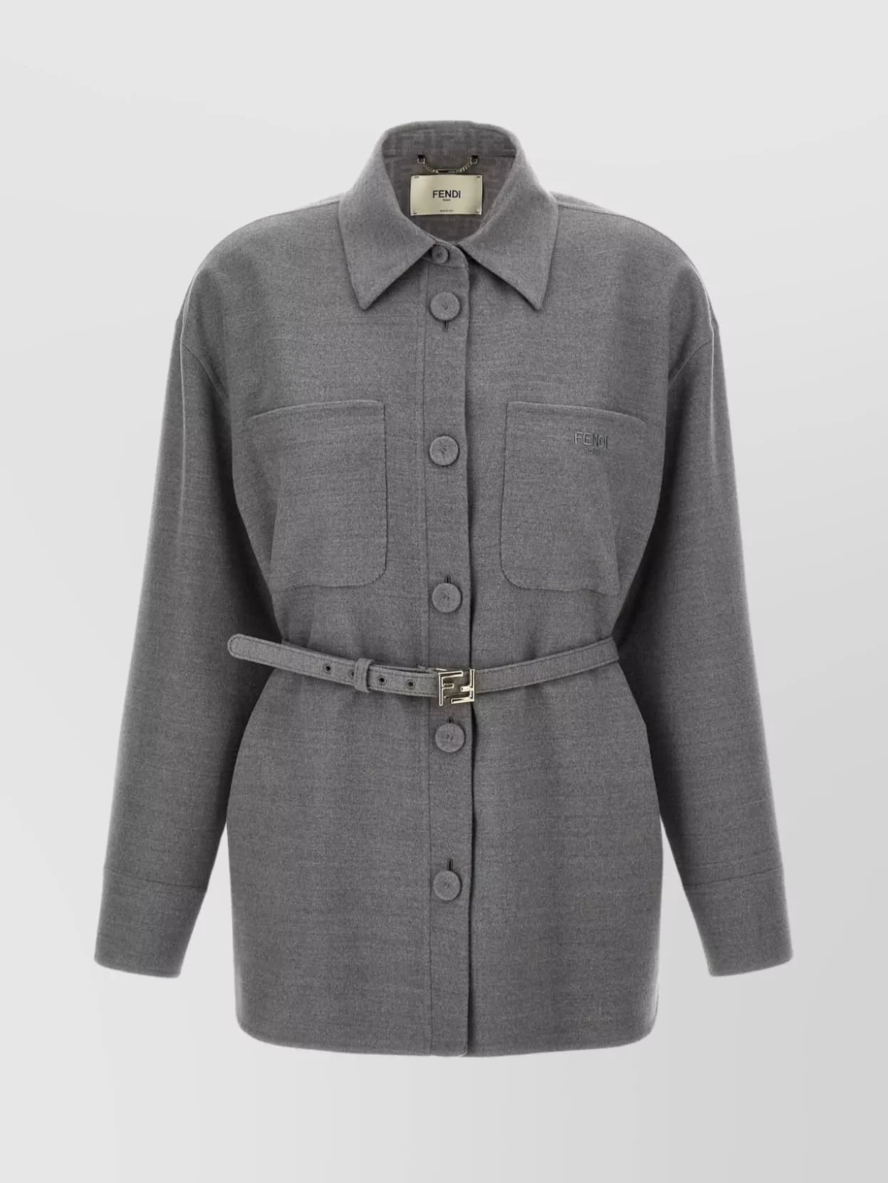 Fendi Belted Collared Jacket With Front Pockets In Gray