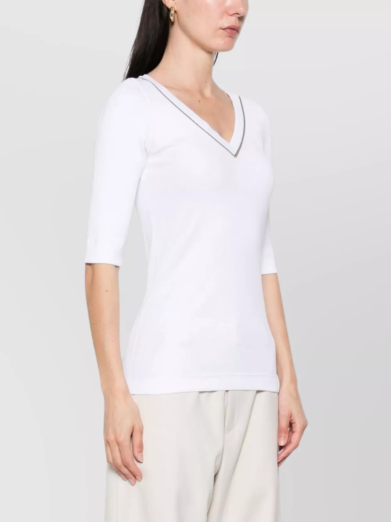 Brunello Cucinelli Ribbed V-neck 3/4 Sleeves Crewneck Contrast Trim In White
