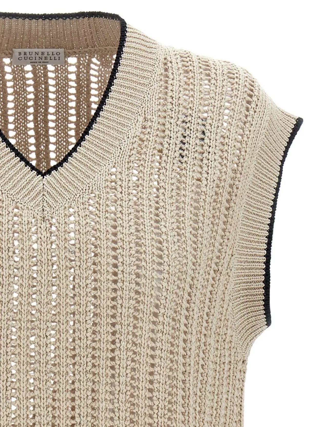 Shop Brunello Cucinelli Open Knit Vest Ribbed Trim