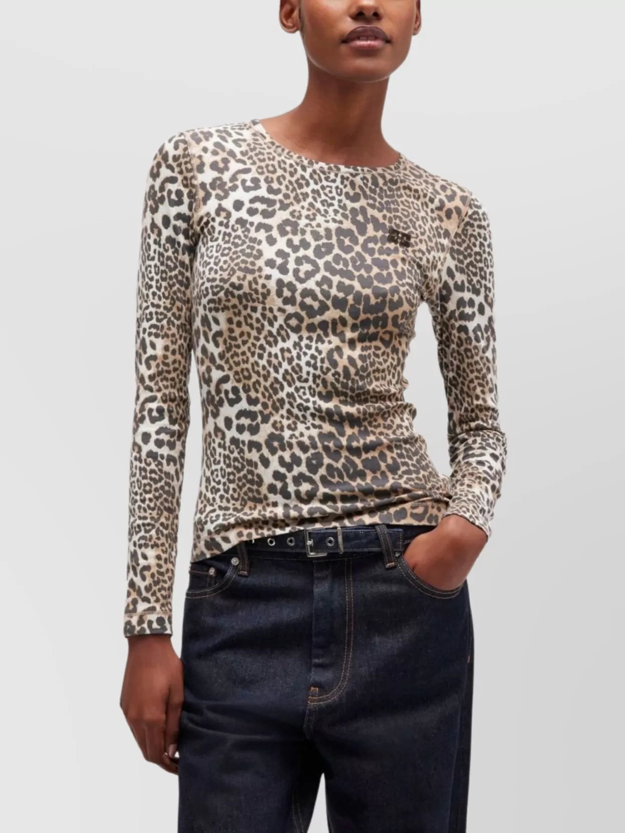 Ganni Animal Print Long Sleeve Crewneck Knitwear