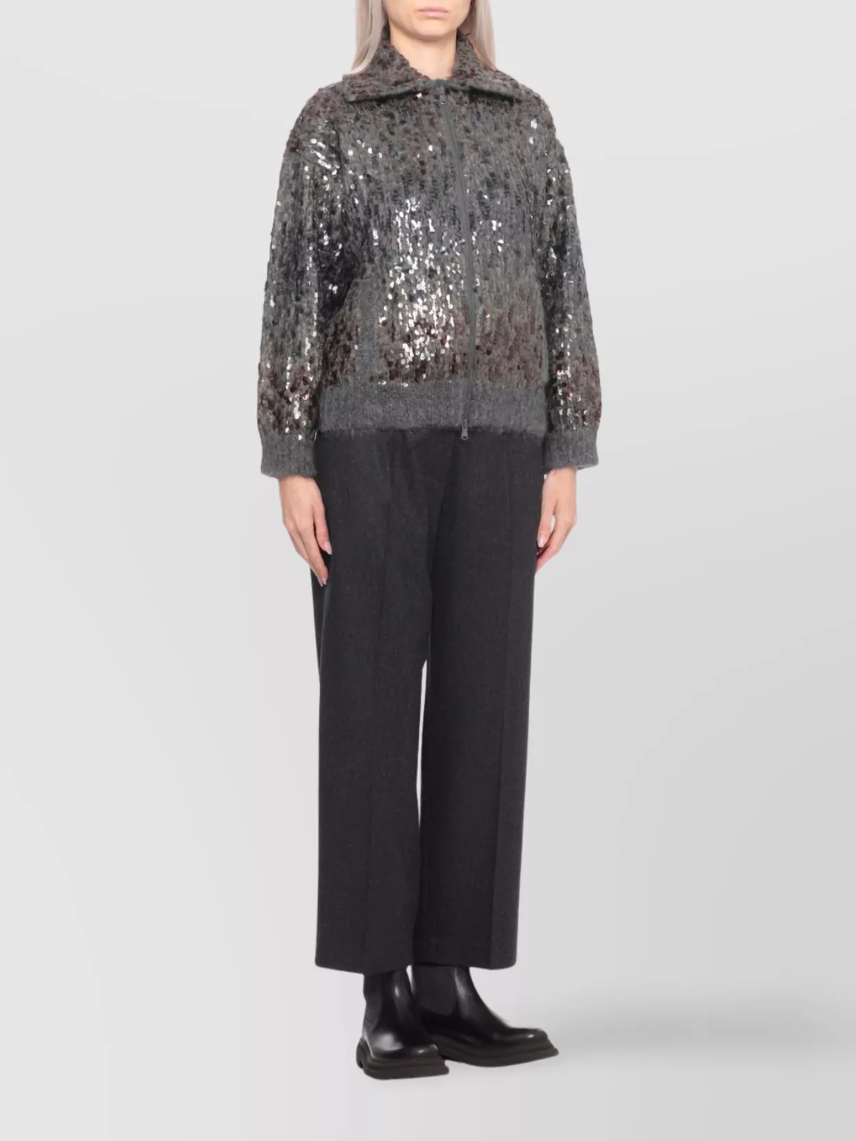 Brunello Cucinelli Sequin Embellished High Neck Cardigan In Gray