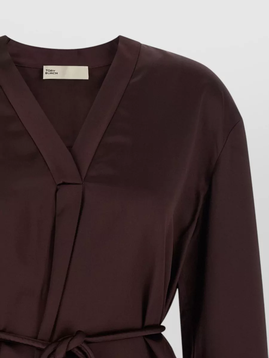 Tory Burch Satin V-Neck Asymmetric Long-Sleeve Blouse