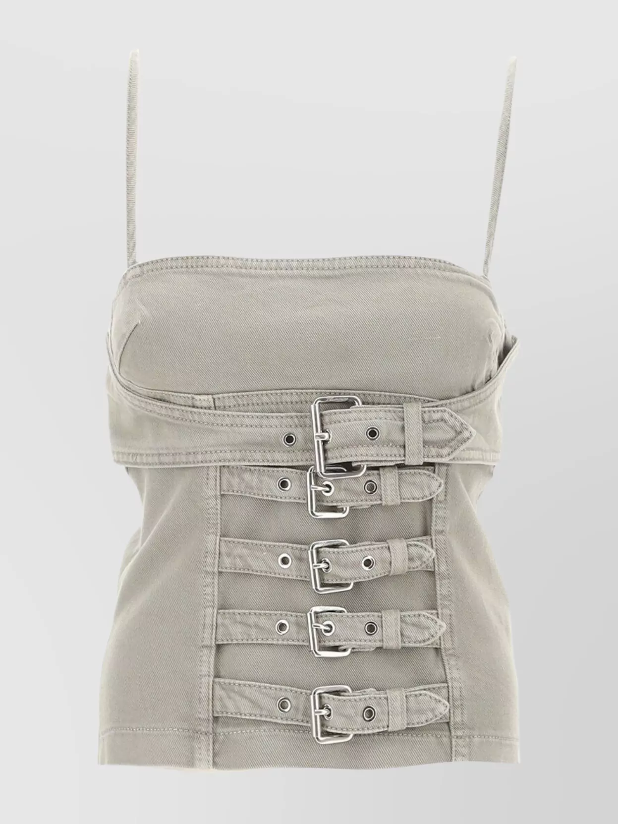 Blumarine Buckle Strap Structured Top With Exposed Stitching In Gray