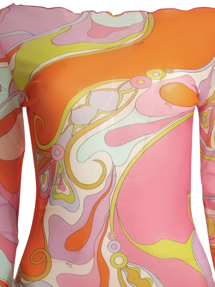 Pucci Printed Tulle Long-Sleeve Boat Neck Maxi Dress