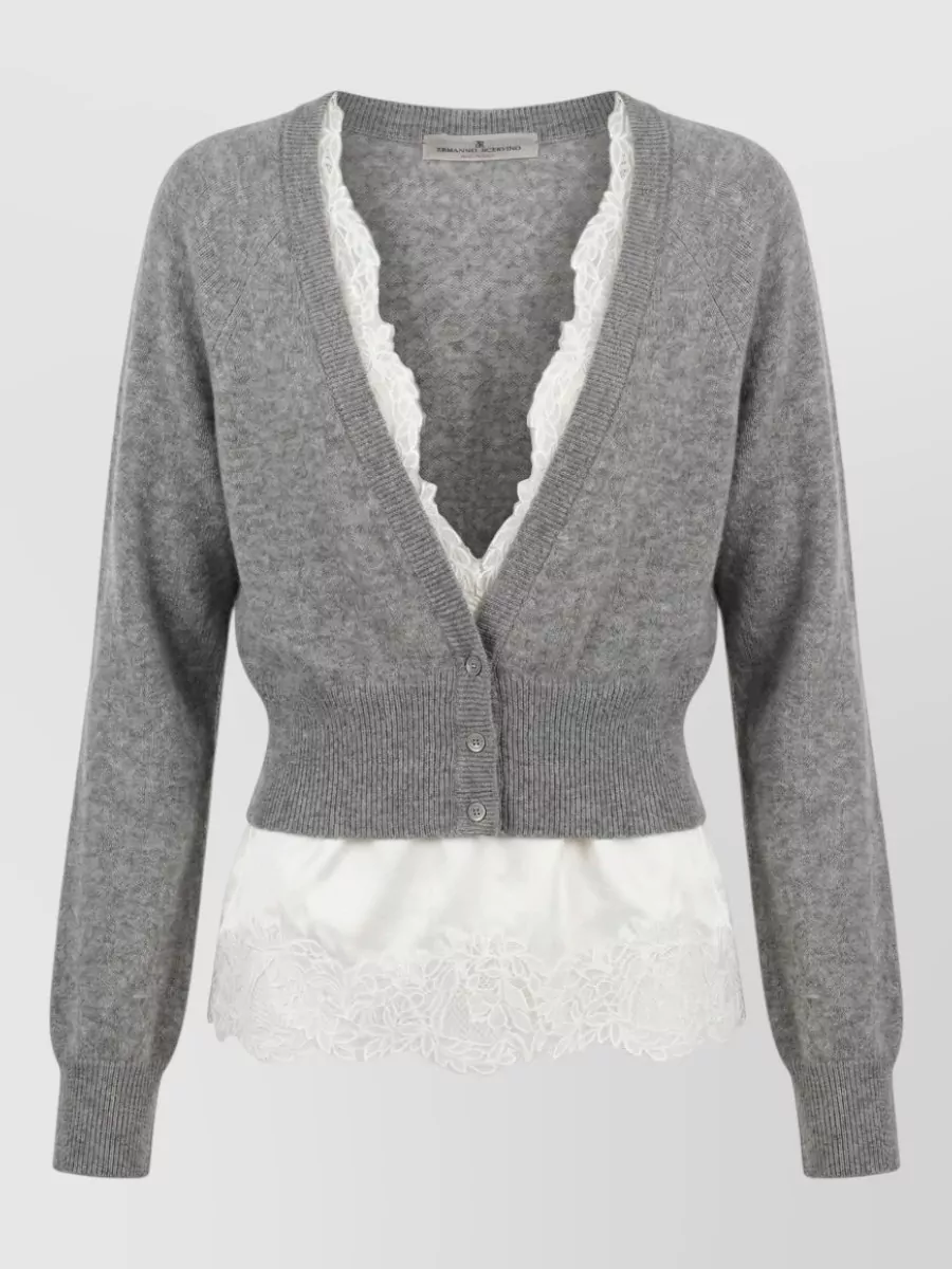 Ermanno Scervino Cashmere lace trim v-neck ribbed cardigan