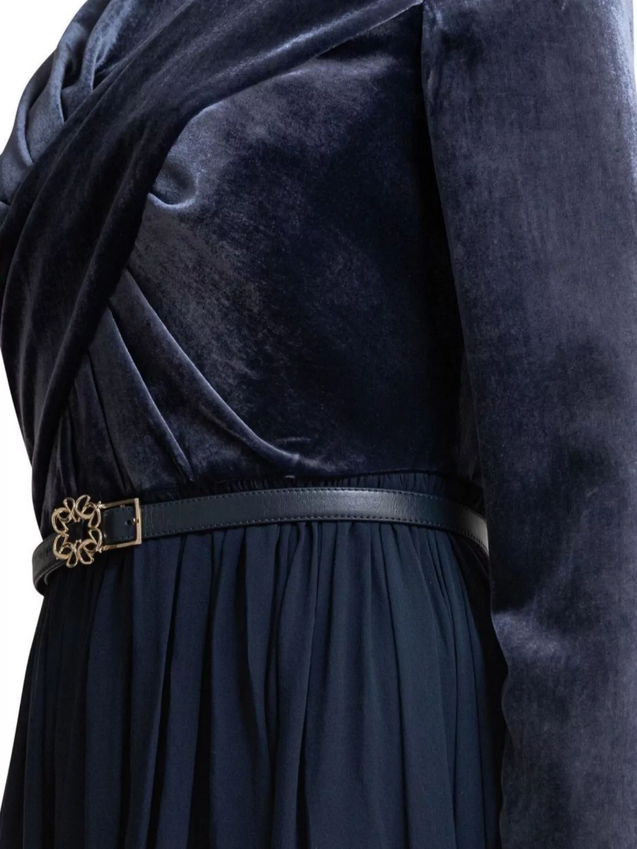 Elie Saab Velvet Pleated Maxi Dress With Belted Waist