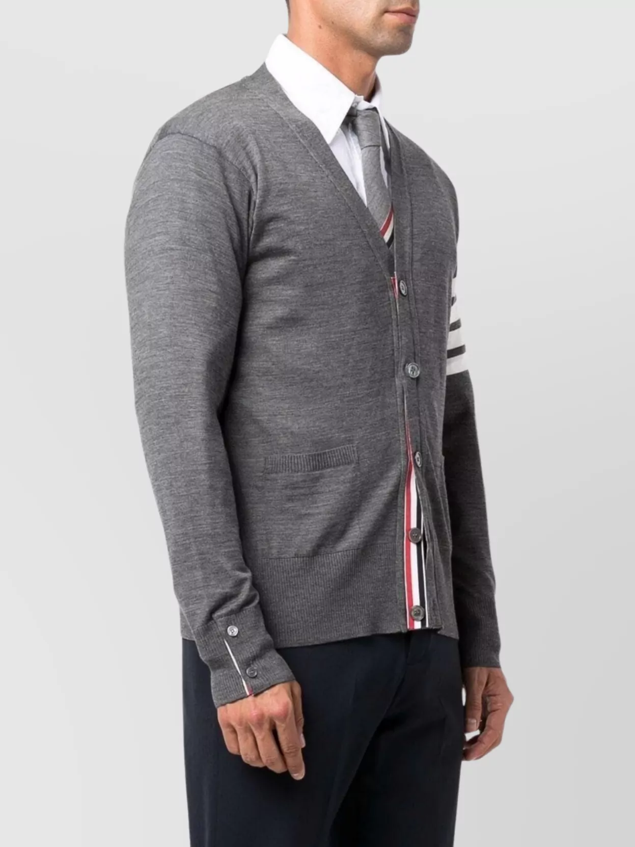 Thom Browne V-Neck Cardigan With Stripes And Buttoned Hems