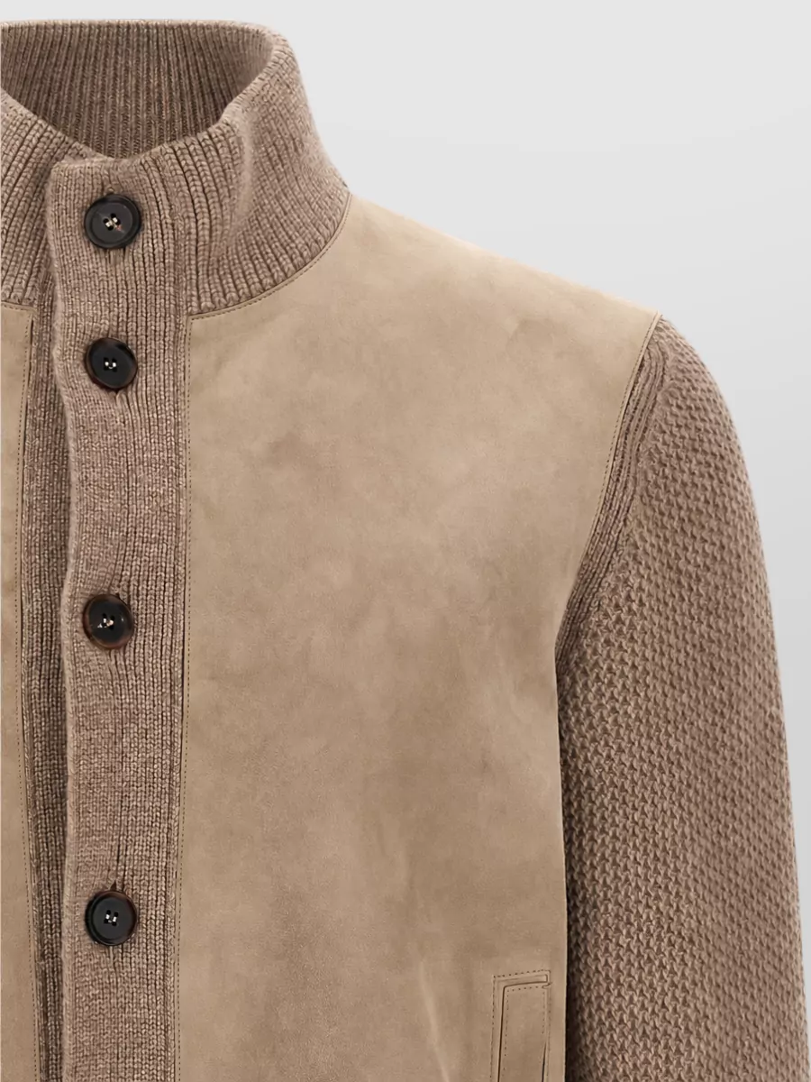 Zegna Cashmere suede panel ribbed high neck buttoned cardigan jacket
