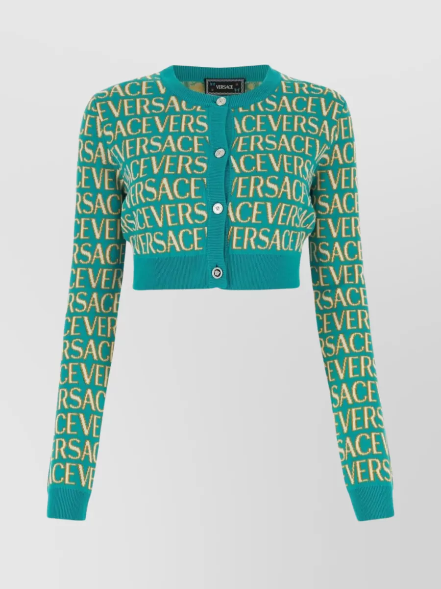 Shop Versace Cotton Blend Embroidered Cardigan In Cyan