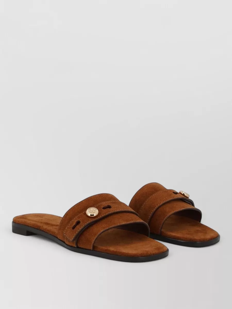Tory Burch Suede Logo-Plaque Slides