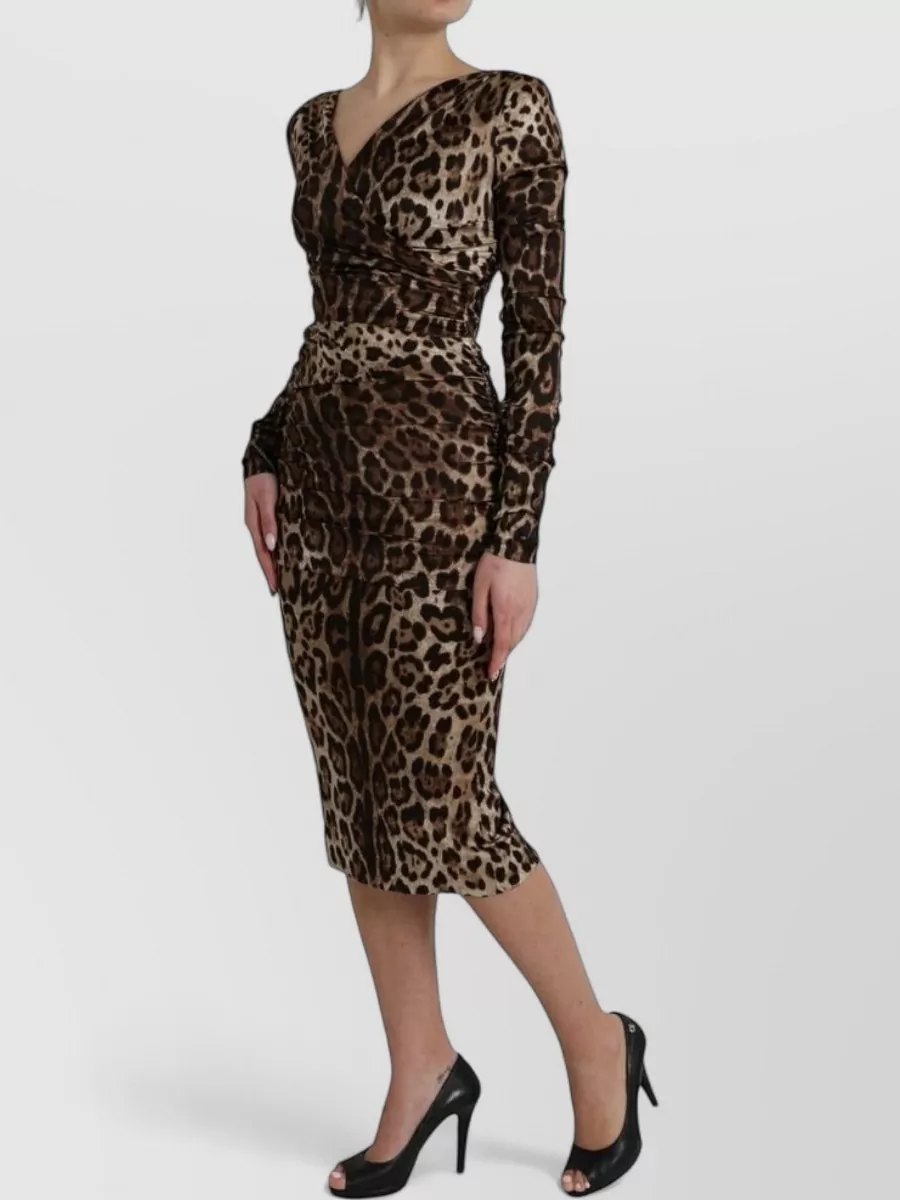 Dolce&Gabbana Silk Leopard-Print V-Neck Long-Sleeve Midi Dress