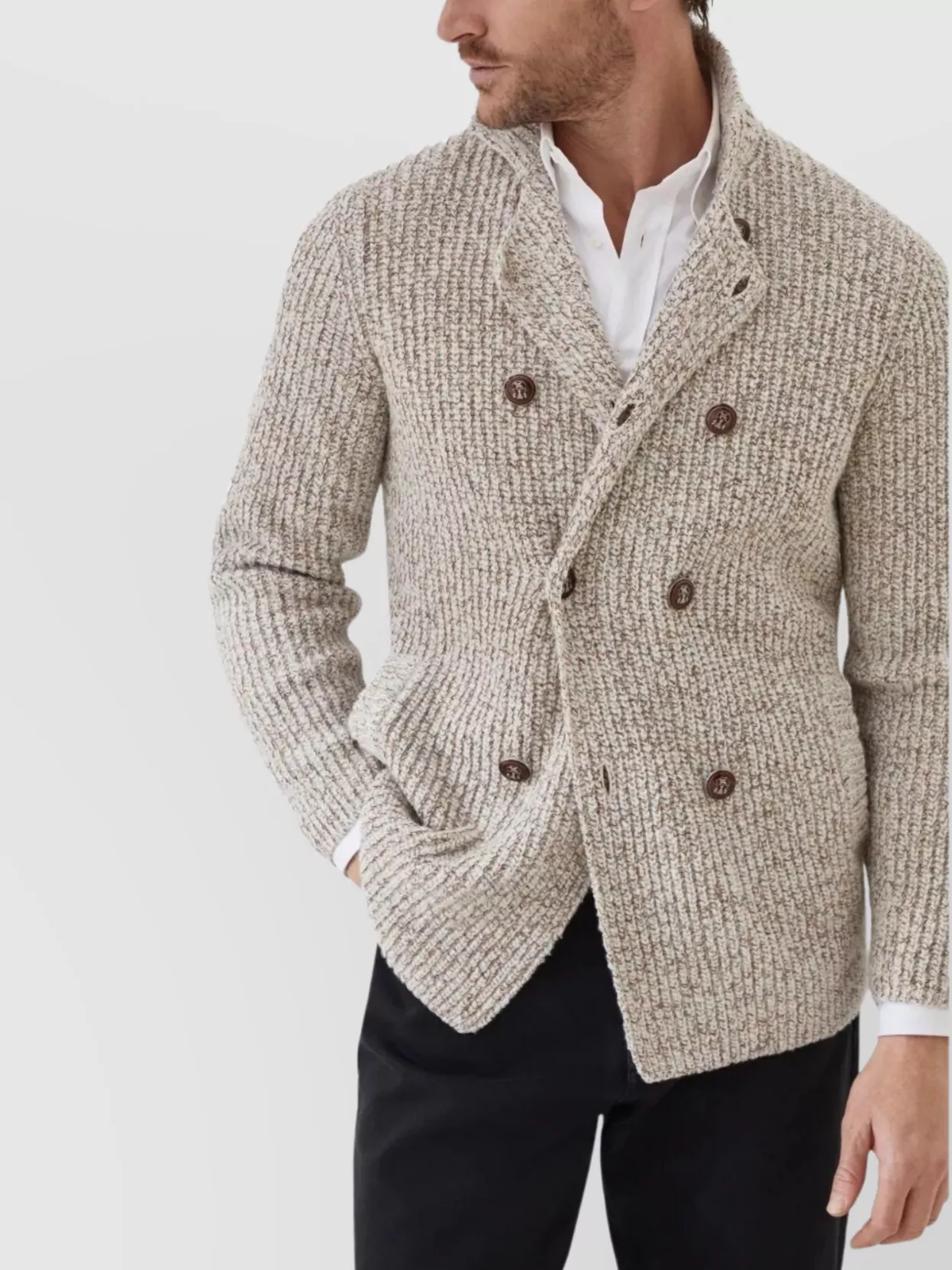 Brunello Cucinelli Textured Knit Double-breasted Jacket With High Collar In Neutral