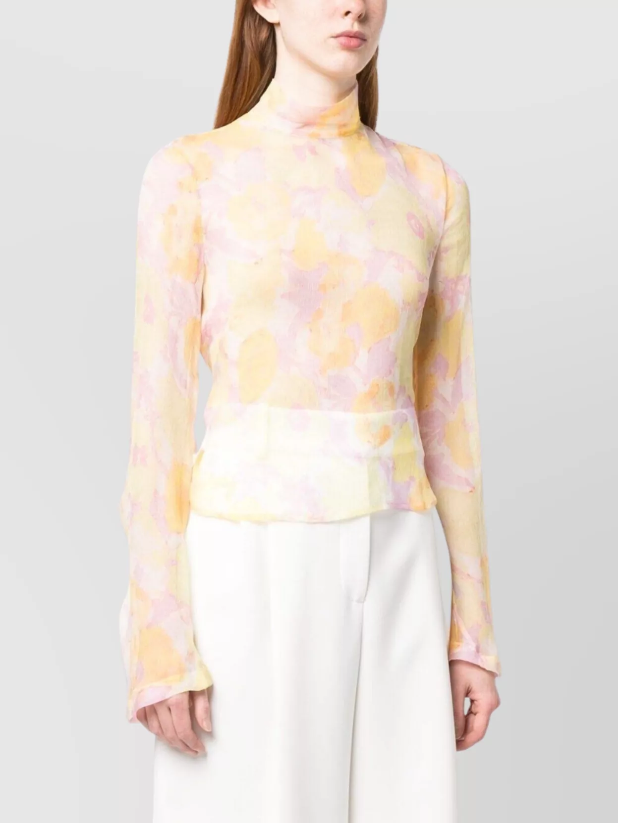 Dries Van Noten Floral Sheer Long Sleeve High Neck Top