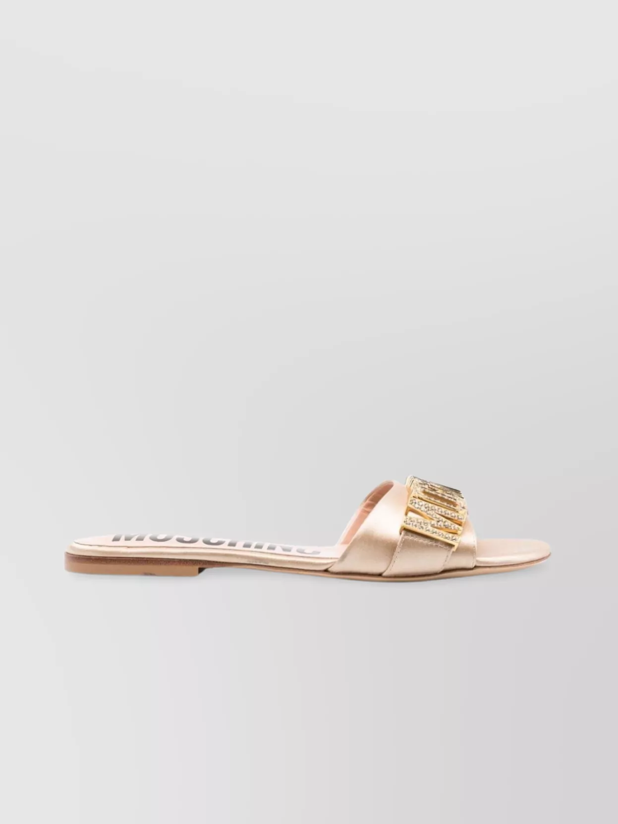 Shop Moschino Flat Sole Open Toe Sandals With Metallic Crystal Embellishments In Cream