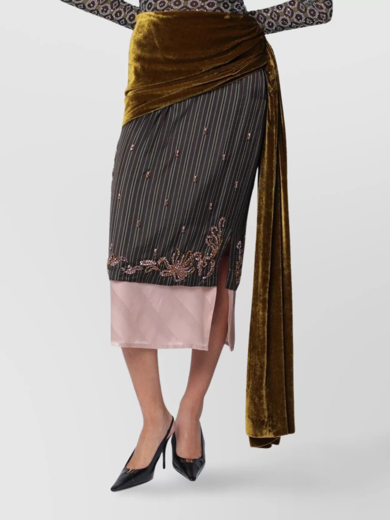 Dries Van Noten Asymmetric Silk And Velvet Wrap Skirt In Multi