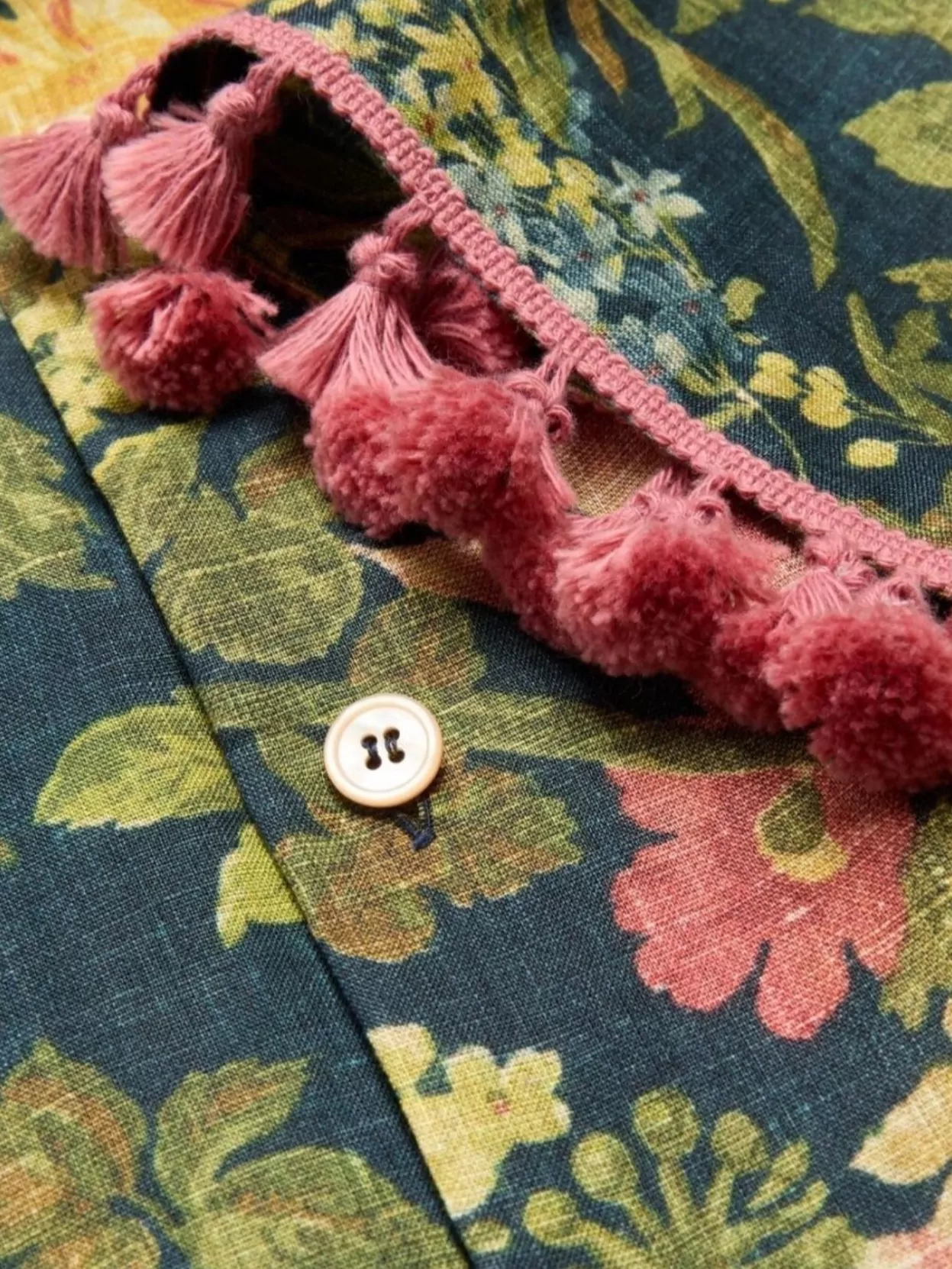 Valentino Linen Shirt Floral Print Fringed Edge