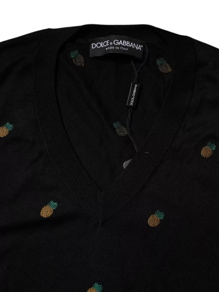 Dolce&Gabbana Silk Pineapple-Embroidered Crew-Neck Sweater
