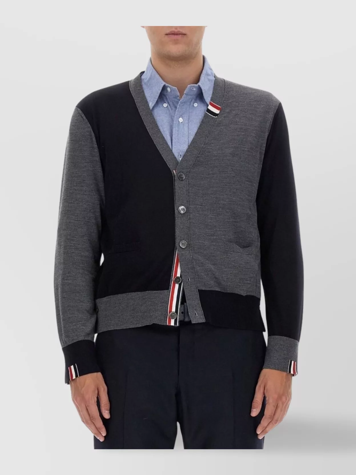 THOM BROWNE WOOL CARDIGAN BLOCK DESIGN SLEEVES V-NECKLINE
