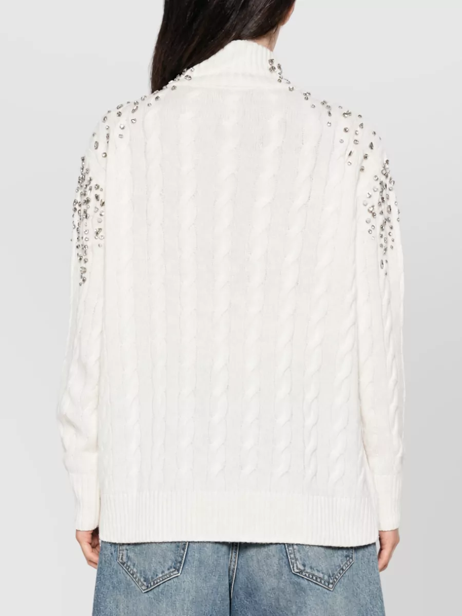 Ermanno Firenze Wool Cashmere Cable Knit Crystal Embellished Mock Neck Sweatshirt