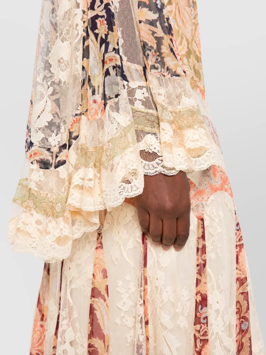 Zimmermann Floral-Print Lace-Paneled High-Neck Long-Sleeve Flared-Hem Maxi Dress