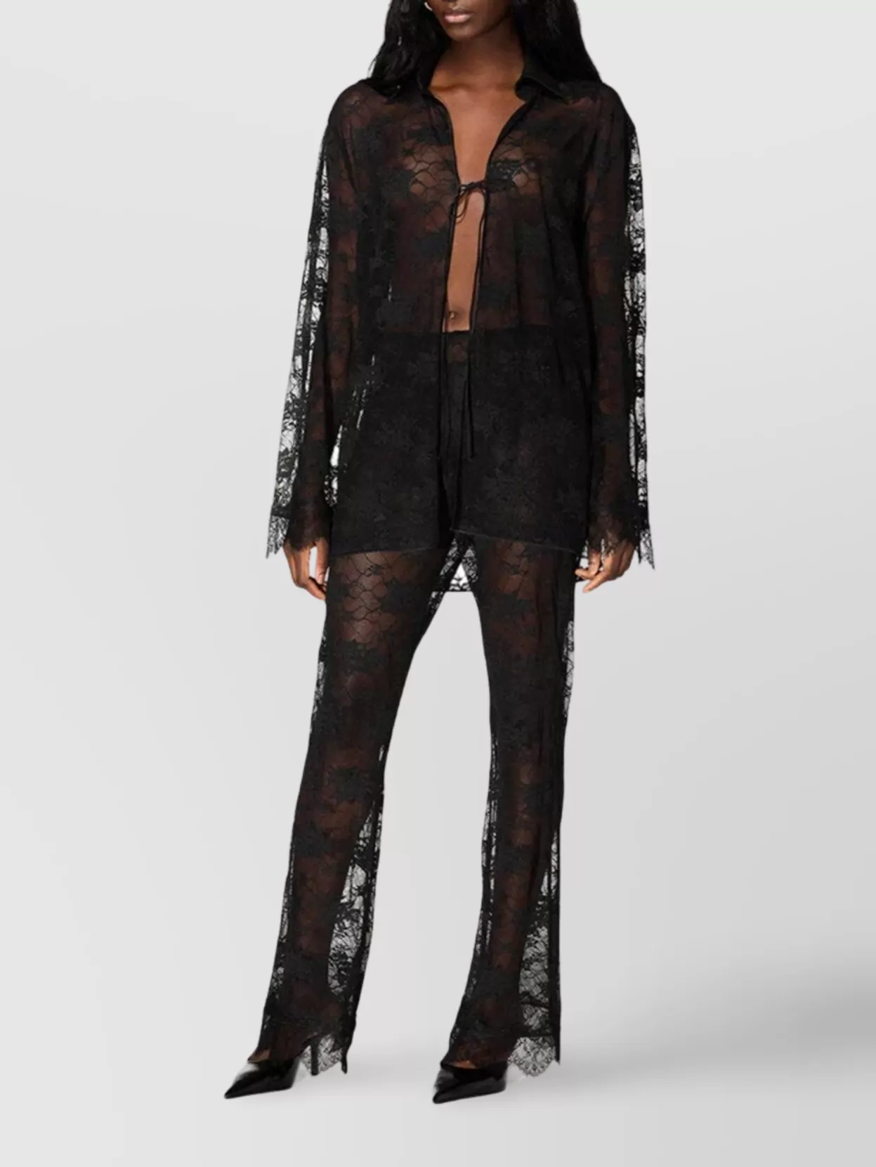 Shop Oseree Sheer Lace Flared Hem Trousers