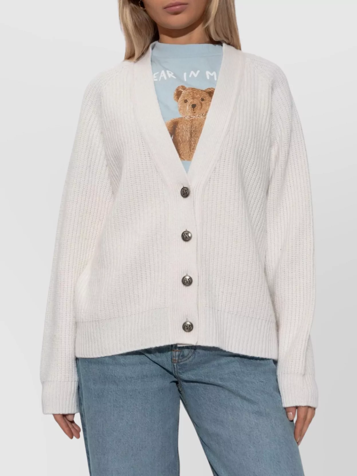 Palm Angels Long Sleeve V Neck Ribbed Knit Cardigan