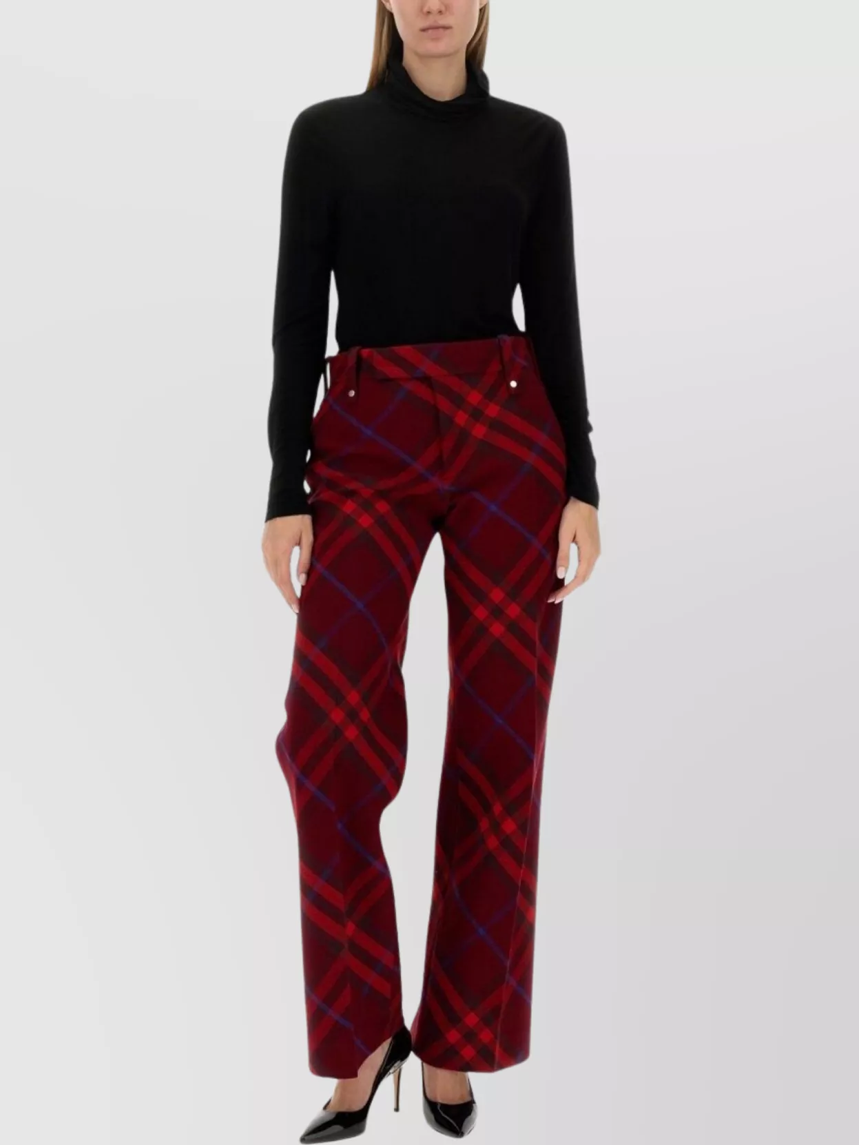 Burberry Plaid Red Wool Pants With High Waist And Straight Legs In Red